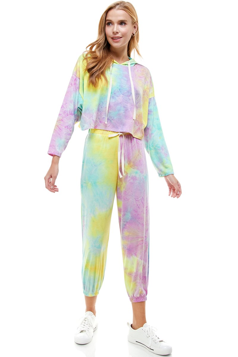 KNIT TIE DYED FRENCH TERRY HOODIE JOGGER PANT SET