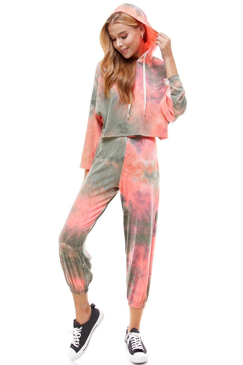 KNIT TIE DYED FRENCH TERRY HOODIE JOGGER PANT SET