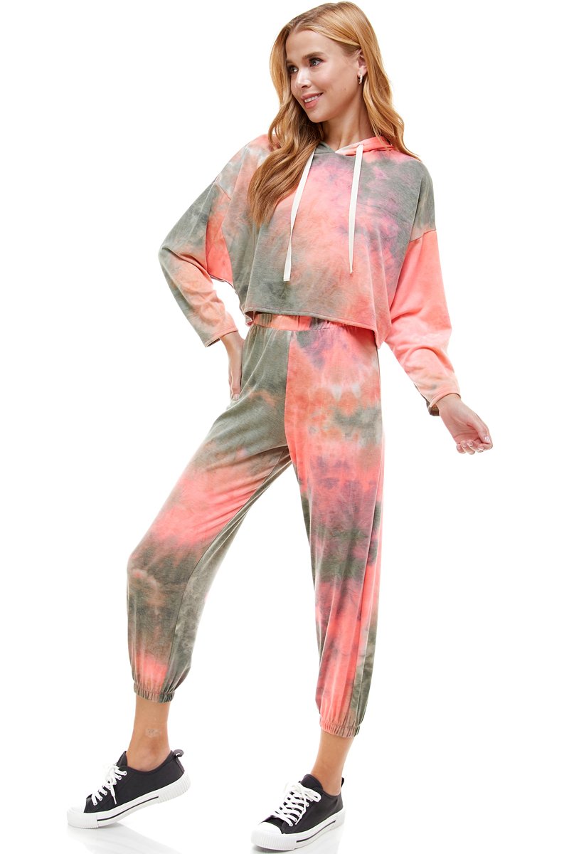 KNIT TIE DYED FRENCH TERRY HOODIE JOGGER PANT SET