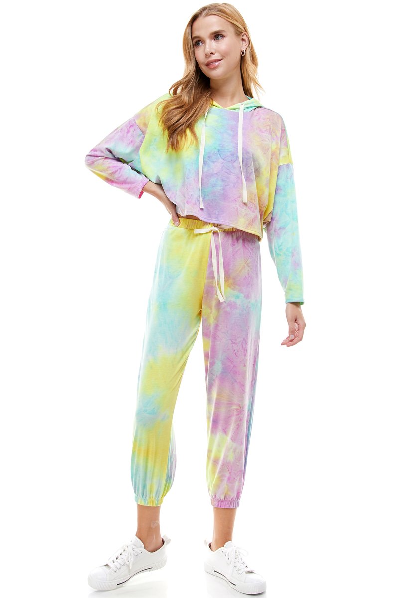 KNIT TIE DYED FRENCH TERRY HOODIE JOGGER PANT SET