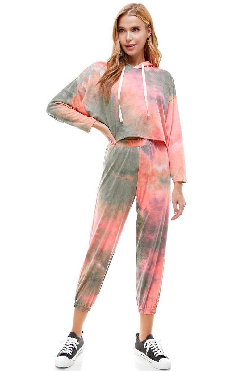 KNIT TIE DYED FRENCH TERRY HOODIE JOGGER PANT SET