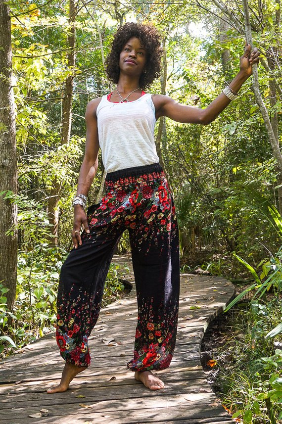 Black FLORAL Women Boho Pants Hippie Pants Yoga Pants